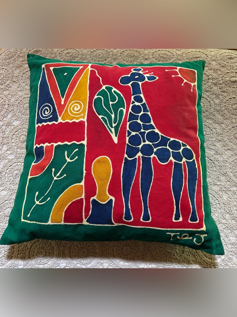 African Art Batik Pillow Cover Square 19x19 Giraffe Abstract Tribal Colorful